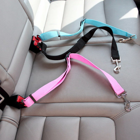 Retractable dog safety belt car pink color front view