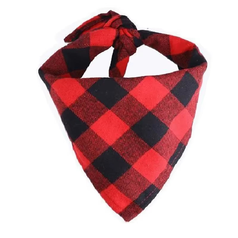 Pet dog bandana saliva towel red plaid worn by puppy neck view