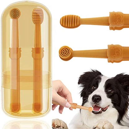 Silicone pet toothbrush set double sided front view orange
