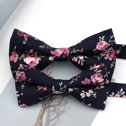 Family matching bow tie set sizes for kids adults and pets flat lay