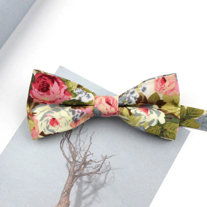 Family matching bow tie set sizes for kids adults and pets flat lay