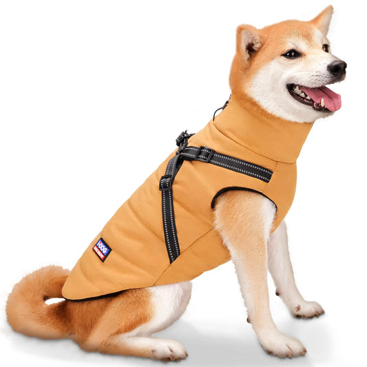 Dog Winter Jacket with Reflective Harness, Jujubak Zipper Warm Dog Winter Coat, Windproof Dog Snow Jacket, Dog Puffy Jacket for Small Medium Dogs-Bright Yellow(M)