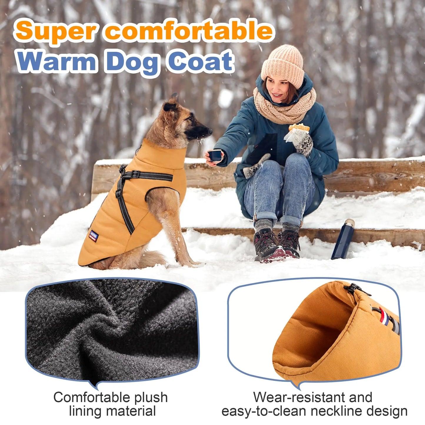 Dog Winter Jacket with Reflective Harness, Jujubak Zipper Warm Dog Winter Coat, Windproof Dog Snow Jacket, Dog Puffy Jacket for Small Medium Dogs-Bright Yellow(M)