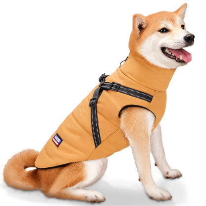 Dog Winter Jacket with Reflective Harness, Jujubak Zipper Warm Dog Winter Coat, Windproof Dog Snow Jacket, Dog Puffy Jacket for Small Medium Dogs-Bright Yellow(M)