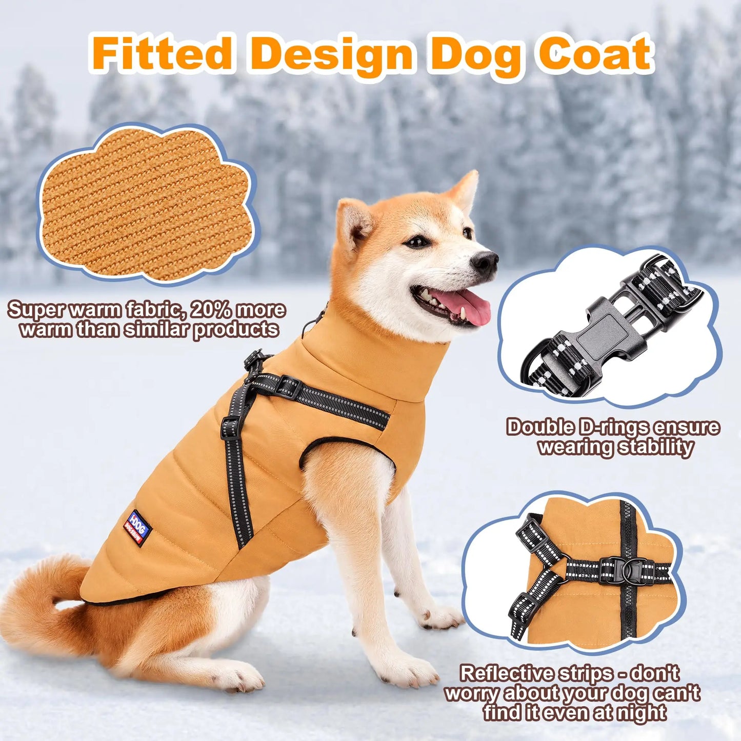 Dog Winter Jacket with Reflective Harness, Jujubak Zipper Warm Dog Winter Coat, Windproof Dog Snow Jacket, Dog Puffy Jacket for Small Medium Dogs-Bright Yellow(M)