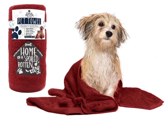 Soft absorbent dog towel salsa red color embroidery front view