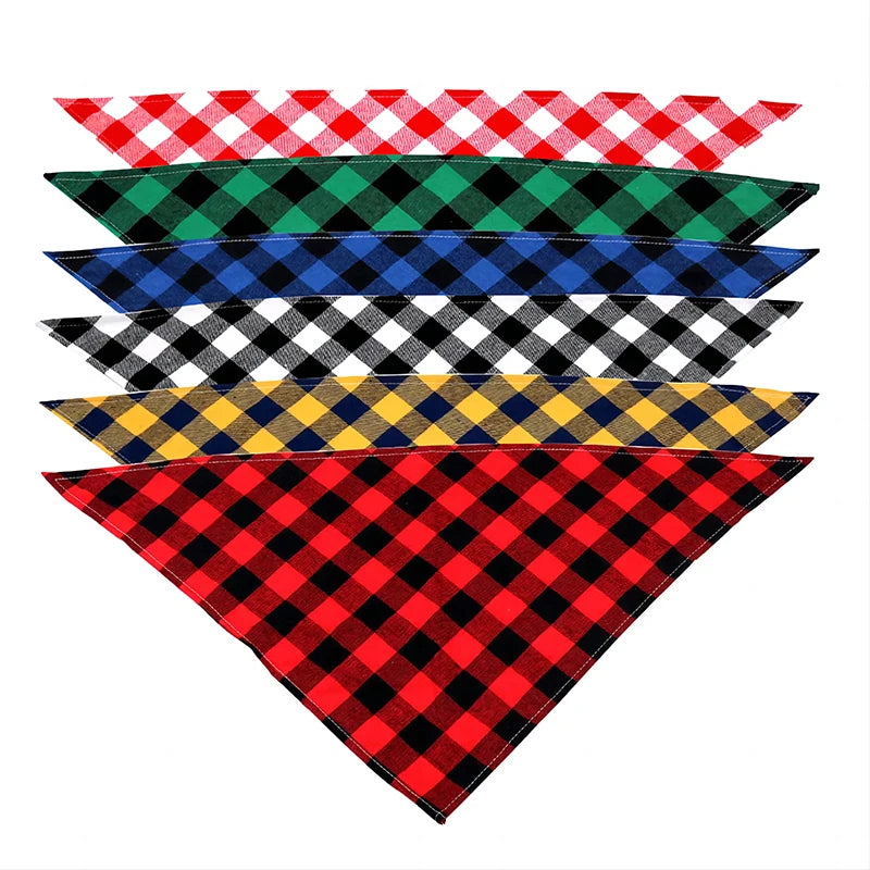 Pet dog bandana saliva towel red plaid worn by puppy neck view