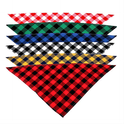 Pet dog bandana saliva towel red plaid worn by puppy neck view