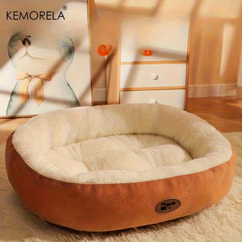 Orthopedic oval pet bed calming cat resting inside scoop front