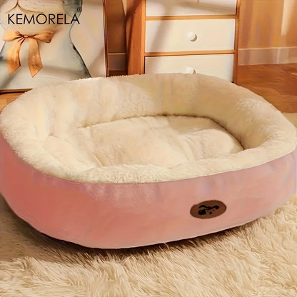 Orthopedic oval pet bed calming plush interior texture detail