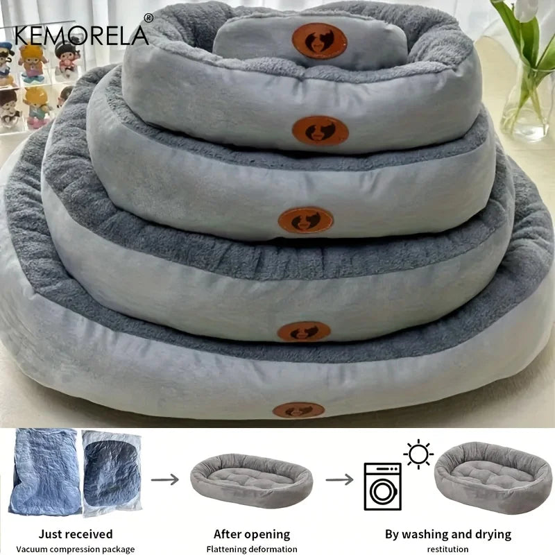 Orthopedic oval pet bed calming all sizes pink green flat lay