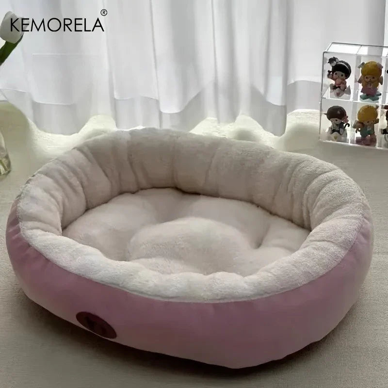 Orthopedic oval pet bed calming all sizes pink green flat lay