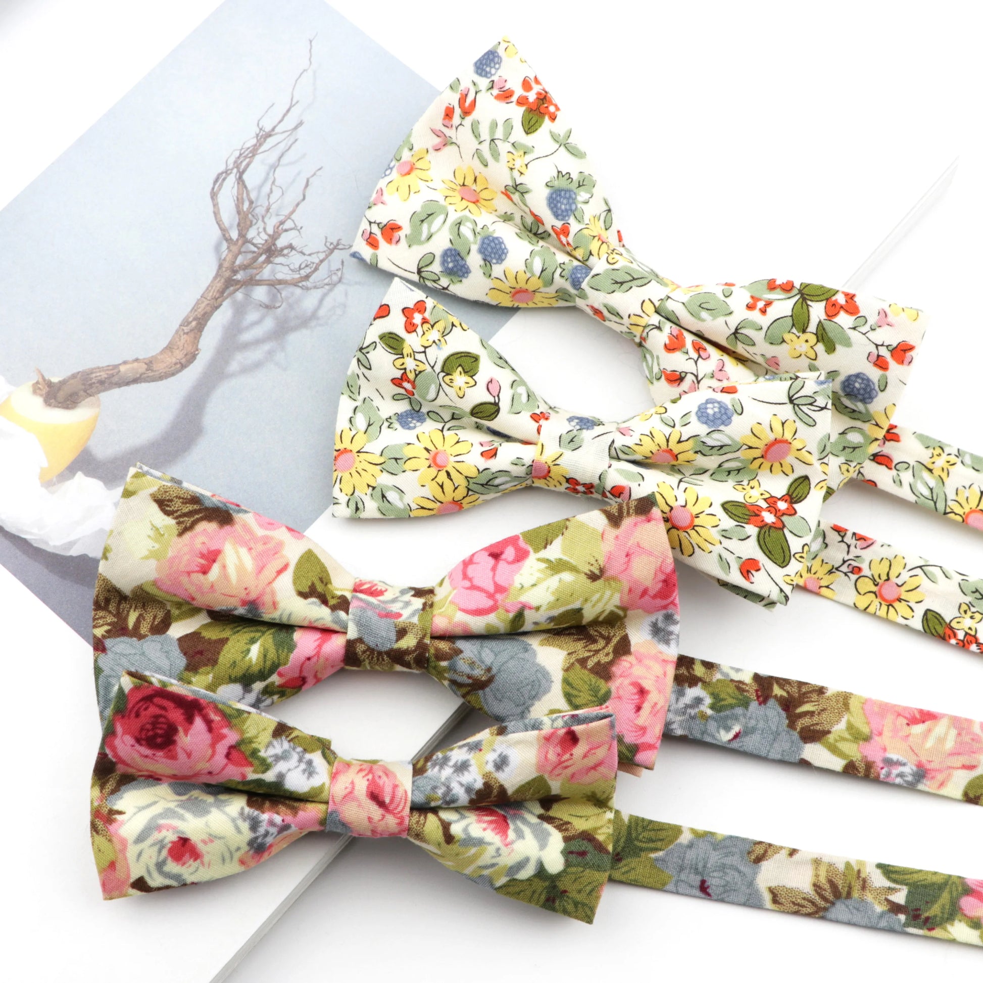 Family matching bow tie set floral cotton front view kids and adults