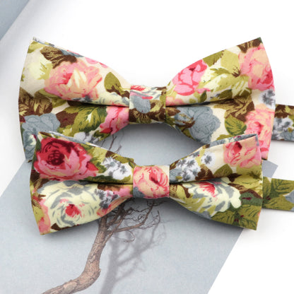 Family matching bow tie set worn by child and pet coordinated look