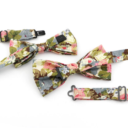 Family matching bow tie set sizes for kids adults and pets flat lay