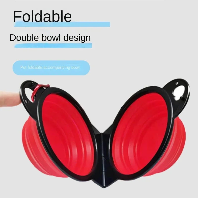 Foldable dual bowl portable dog cat red color side view