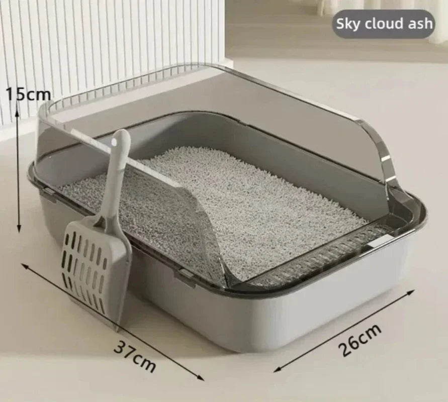 Semi enclosed cat litter box gray splashproof front view