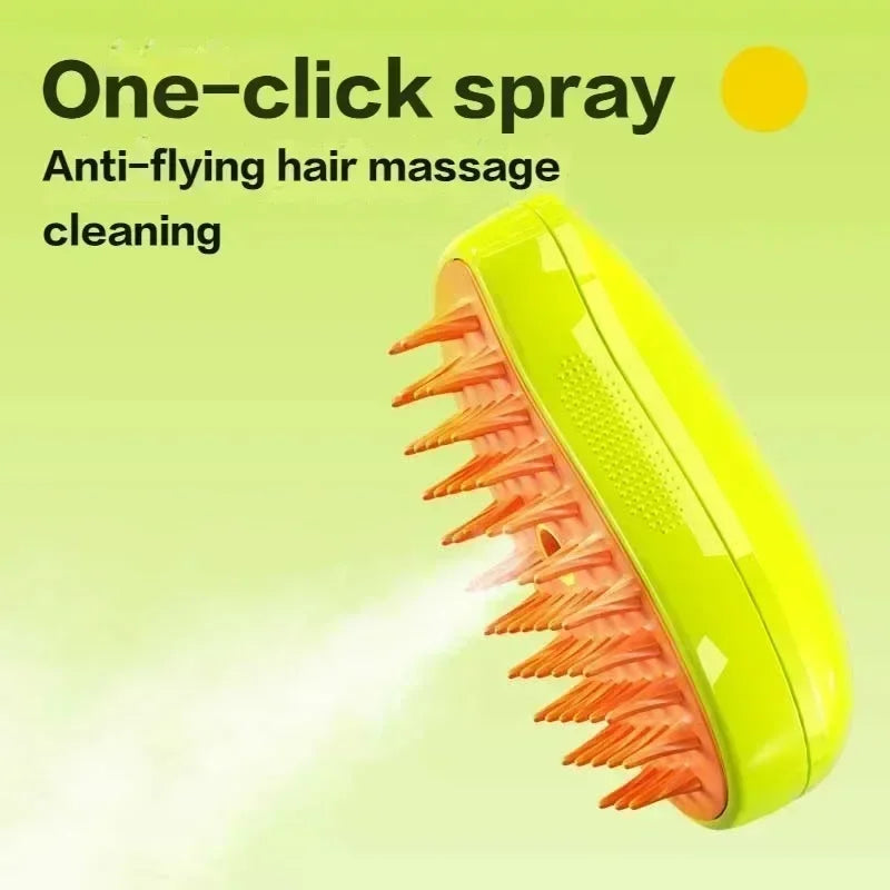 Cat dog steam brush electric yellow massage bristles close up
