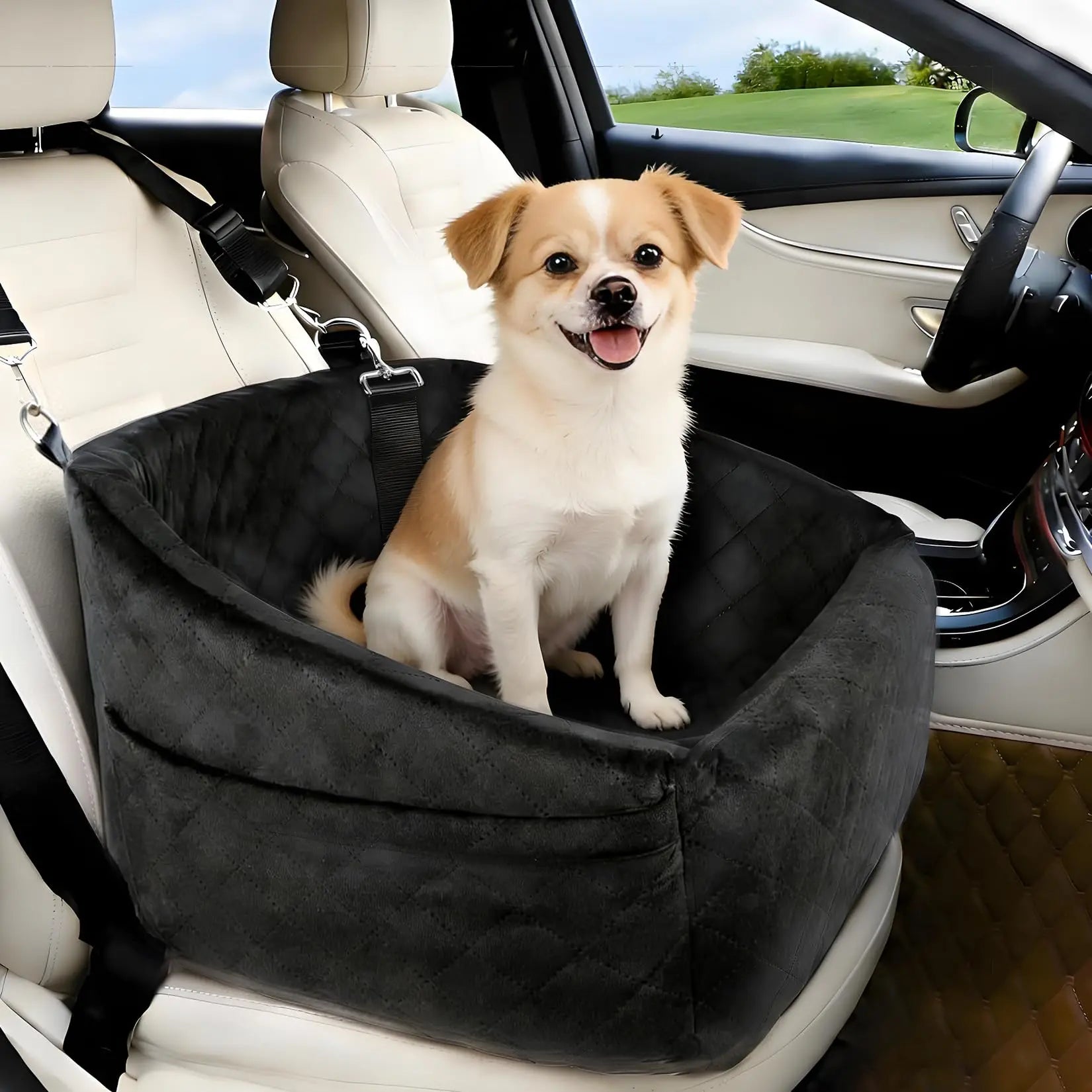 Dog booster car seat black grey washable front view