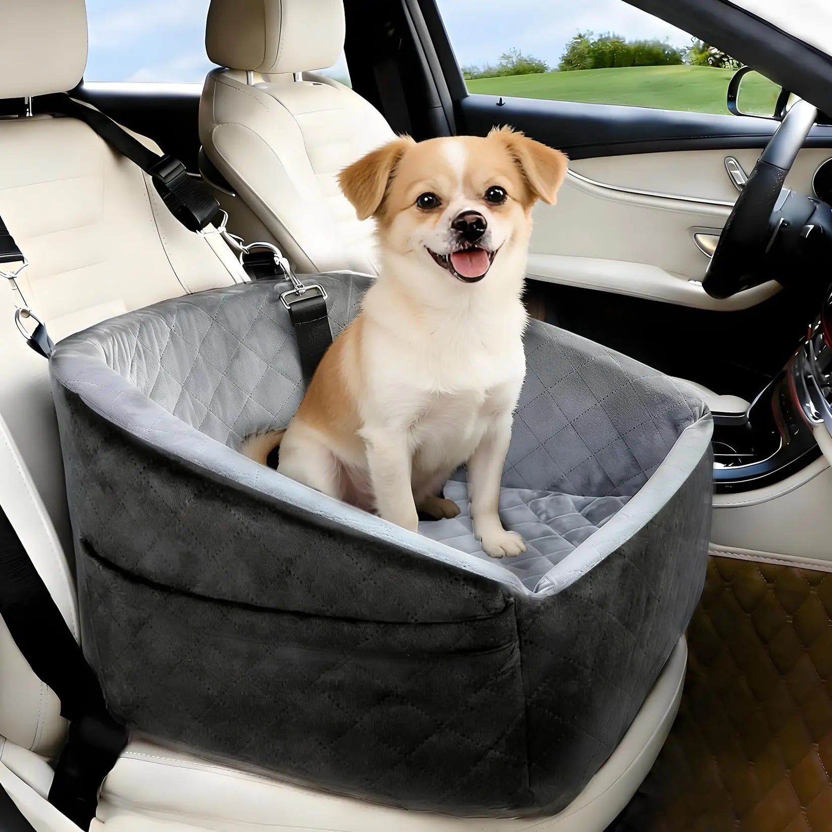 Dog booster car seat installed in car back seat full view