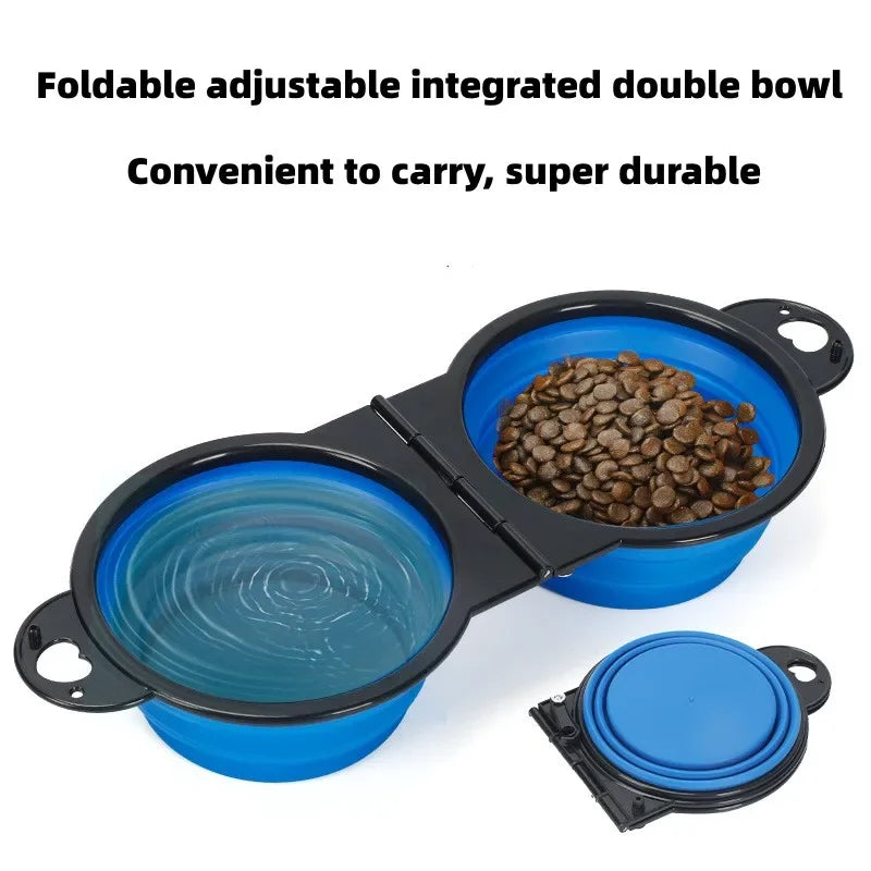 Foldable dual bowl portable dog cat blue color front view