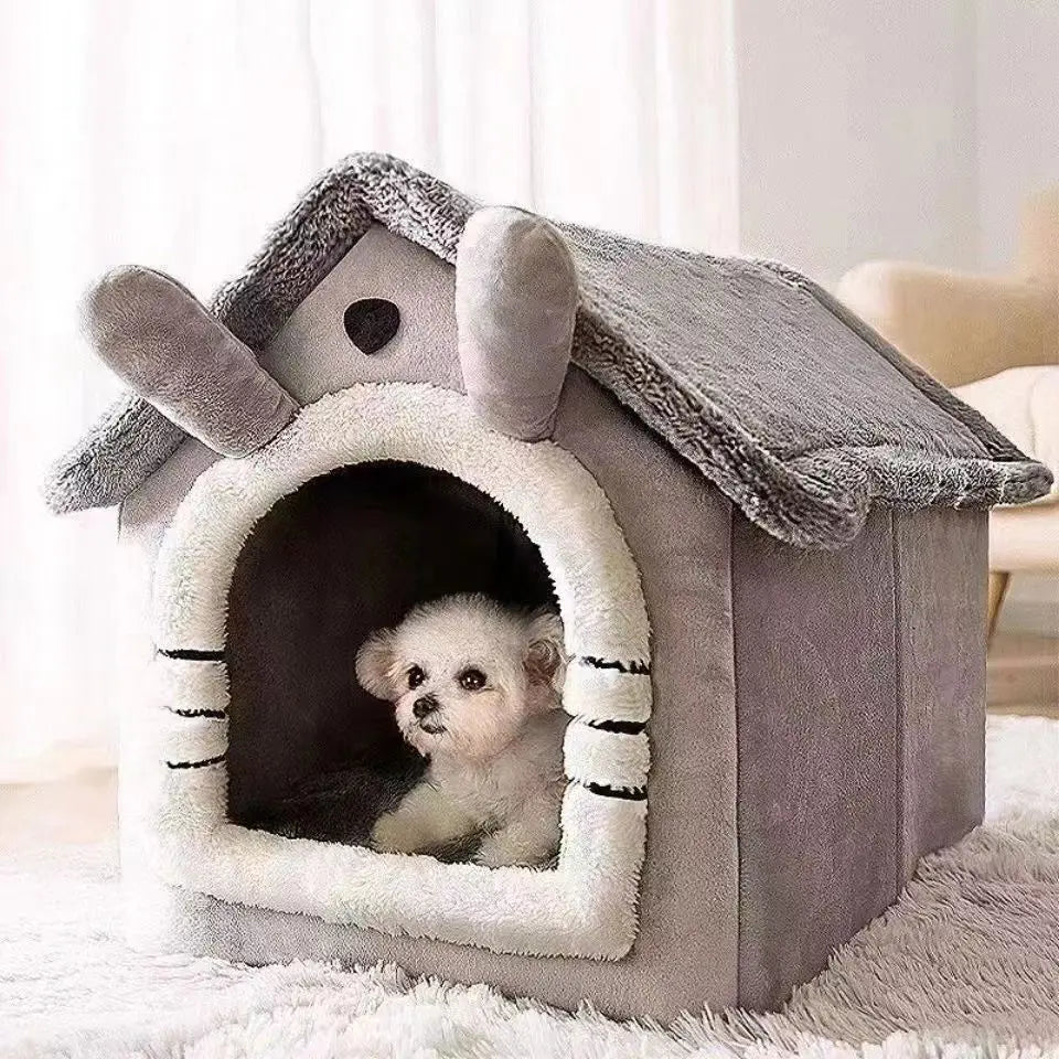 Cozy tent pet house warm plush bed all sizes yellow gray flat lay