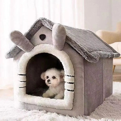 Cozy tent pet house warm plush bed all sizes yellow gray flat lay