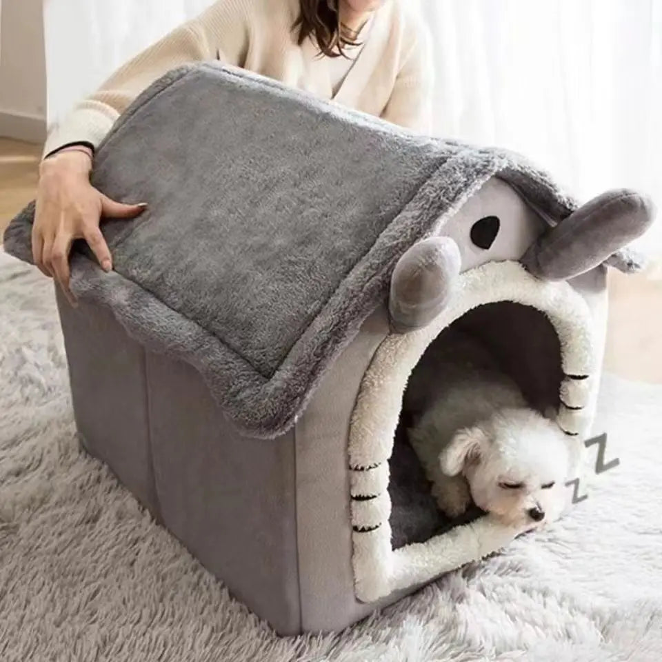 Cozy tent pet house warm plush bed gray small cat inside