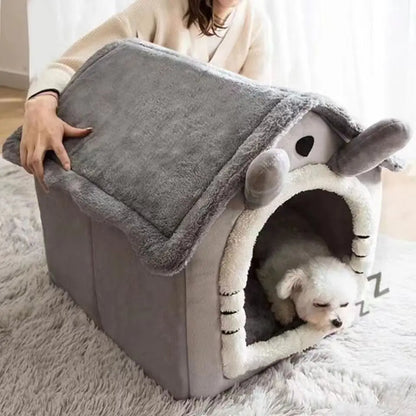 Cozy tent pet house warm plush bed gray small cat inside