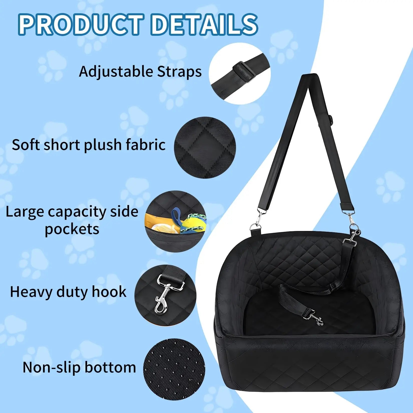 Dog booster car seat storage pocket side detail view