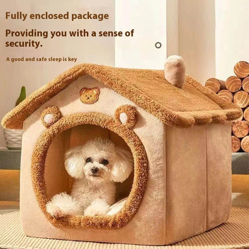 Cozy tent pet house warm plush bed all sizes yellow gray flat lay