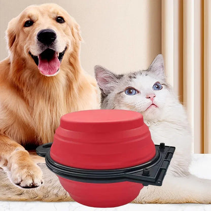 Foldable dual bowl portable dog cat unfolded in use outdoor