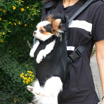 Dog carrier backpack up to 12 lbs worn on front by owner with small dog