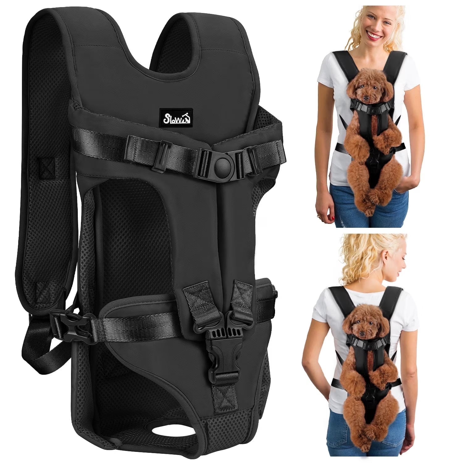 Pet carrier backpack small dogs black medium front view mesh panel