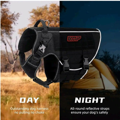 Tactical dog harness no pull worn by dog outdoor side view