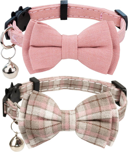 Breakaway cat collar with bell pink plaid bowtie 2 pack front view