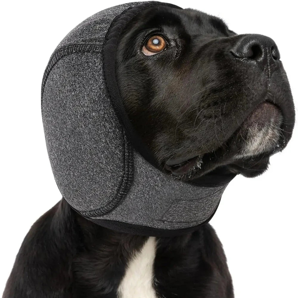 Dog calming hood fireworks noise relief gray small size front view