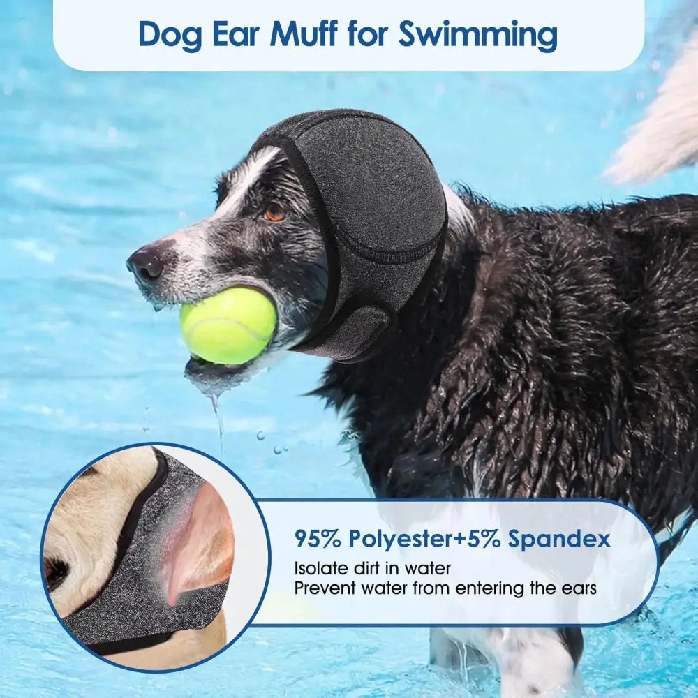Dog calming hood fireworks noise worn by dog outdoor side view