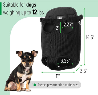 Dog carrier backpack up to 12 lbs worn on front by owner with small dog