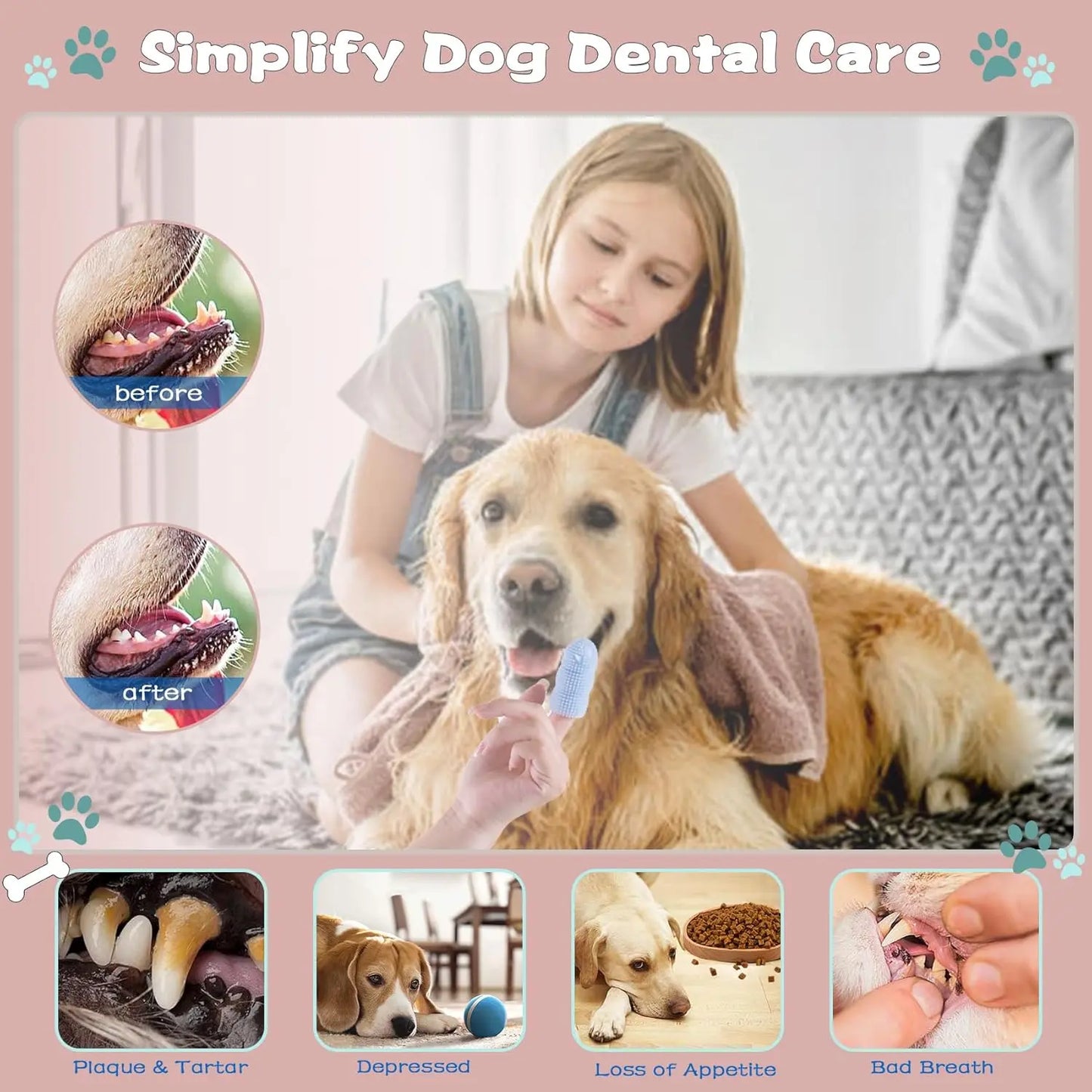 Dog finger toothbrush kit full 4 pack set laid out flat together