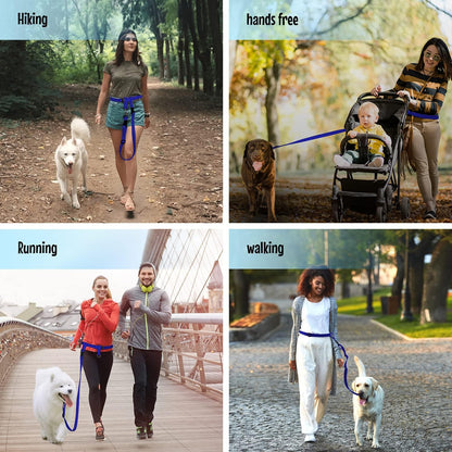 Hands free dog leash for running adjustable length extended view