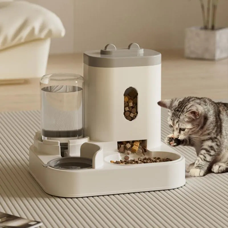 Automatic cat dog feeder water dispenser yellow gravity fed side view