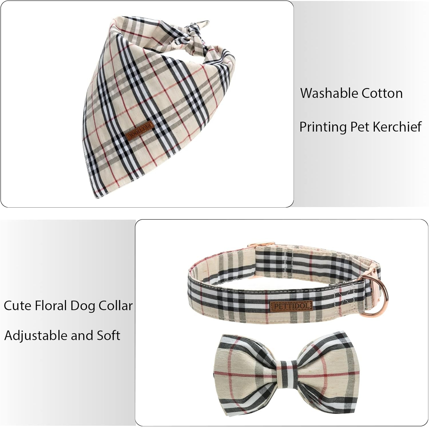 Cute dog collar with bow tie matching bandana scarf set flat lay